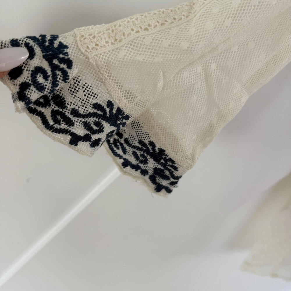 Free People Sheer Cream Lace Blouse with Black Embroidered Accents - Picture 2 of 4